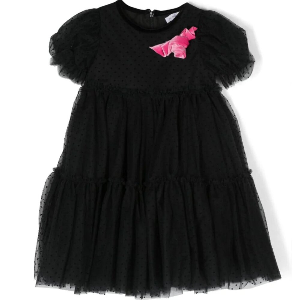 Monnalisa rose appliqué tulle Girls dress velvet polka dots black Size L